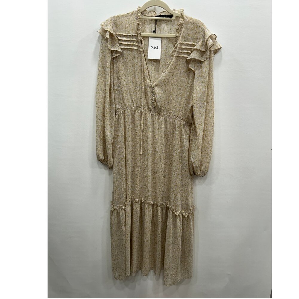 NWT O.P.T Beige Floral Ruffle Long Sleeve Midi Dress Size L‎ Prairie Cottagecore